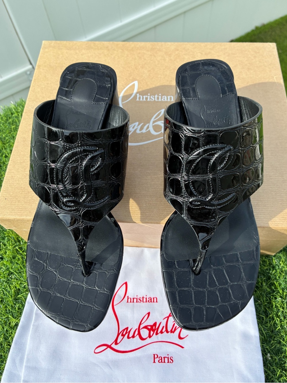 CHRISTIAN LOUBOUTIN CL TONGAMULE SANDALS LOGO BLACK CROC LEATHER SZ 38.5 NEW - Picture 4 of 16